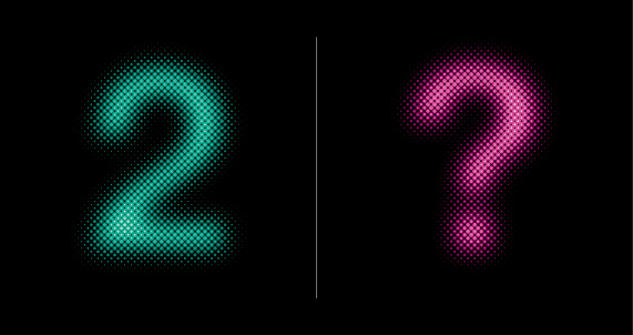 Number 2 and question mark (?). This vector file is part of the 'neon half tone design set', playing with circular half tone raster imitating glow effects as known by neon lights.