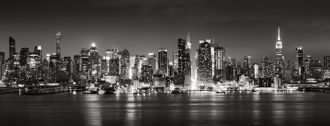 Panoramic Black & White view of Midtown West skyscrapers with the Hudson River. Manhattan, New York City
