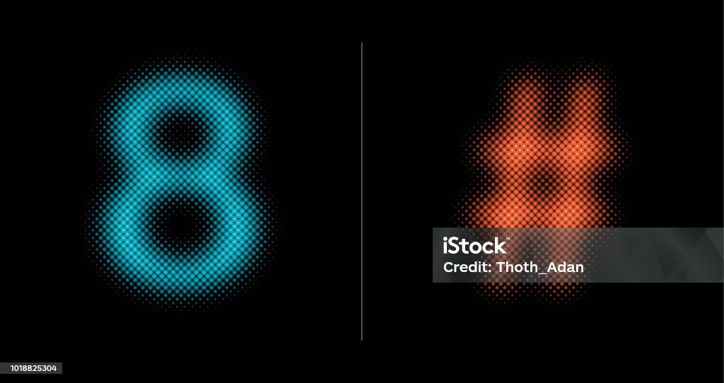 8 and # sign (Neon half tone set) Number 8 and hashtag sign (#).This vector file is part of the 'neon half tone design set', playing with circular half tone raster imitating glow effects as known by neon lights. Hashtag stock vector