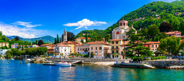 Picturesque lake Lago Maggiore. beautiful Laveno Mombello town. North of Italy Borromean islands and small towns of Lago Maggiore. Piedmont, Italy lake garda photos stock pictures, royalty-free photos & images