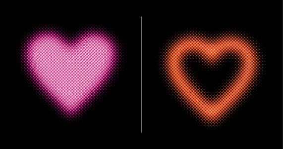 Two heart shape icons. One is filled design, the other one out line. This vector file is part of the 'neon half tone design set', playing with circular half tone raster imitating glow effects as known by neon lights.