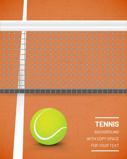 теннисный фон с детской площадкой, сеткой и белой линией - tennis tennis ball sphere ball stock illustrations