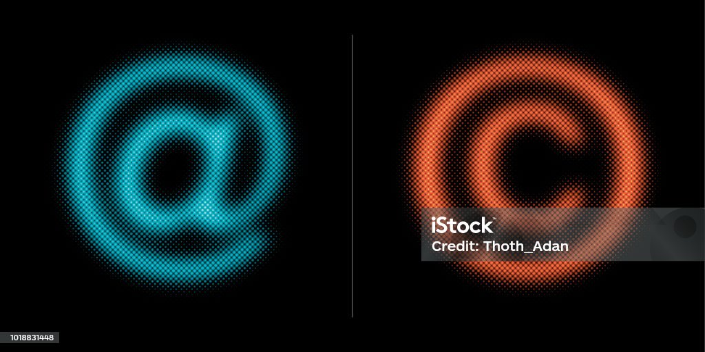 @ and © sign (Neon half tone set) At (@) and copyright (©) symbols.This vector file is part of the 'neon half tone design set', playing with circular half tone raster imitating glow effects as known by neon lights. 'at' Symbol stock vector