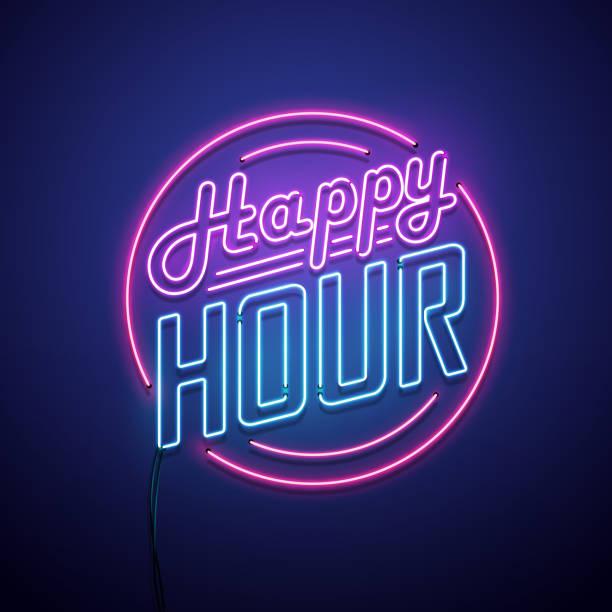 Happy Hour neon sign Happy Hour neon sign. Vector illustration. happy hour stock illustrations