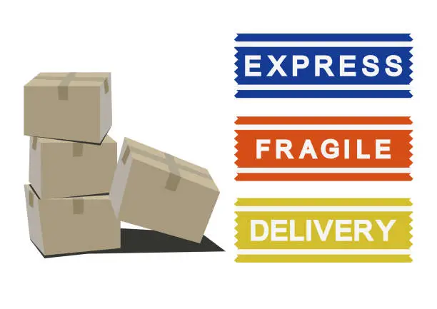 Vector illustration of Illustration of a box and a sticker. illustrations of a sticker and a box for delivery. Design of luggage and stickers. Image of carrier. Handling attention sticker. Sticker for home delivery.