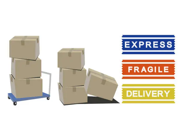 Vector illustration of Illustration of a box and a sticker. illustrations of a sticker and a box for delivery. Design of luggage and stickers. Image of carrier. Handling attention sticker. Sticker for home delivery.