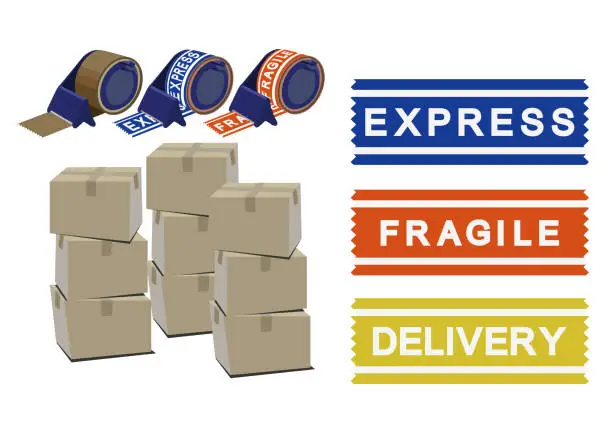 Vector illustration of Illustration of a box and a sticker. illustrations of a sticker and a box for delivery. Design of luggage and stickers. Image of carrier. Handling attention sticker. Sticker for home delivery.