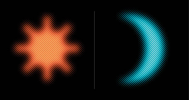 Day and Night Signs (Neon half tone set) Day (sun) and night (moon) symbols.This vector file is part of the 'neon half tone design set', playing with circular half tone raster imitating glow effects as known by neon lights. day and night stock illustrations