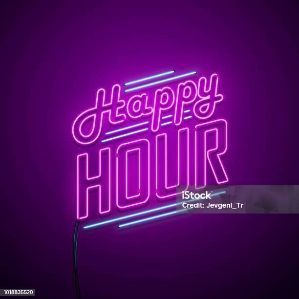 Happy Hour Neon Sign Stock Illustration - Download Image Now - Happy Hour, Neon Lighting, Sign