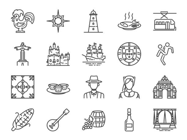 ilustrações de stock, clip art, desenhos animados e ícones de portugal icon set. included icons as portuguese, lisbon, cristo rei, belem, barcelos rooster, travel and more. - portugal turismo