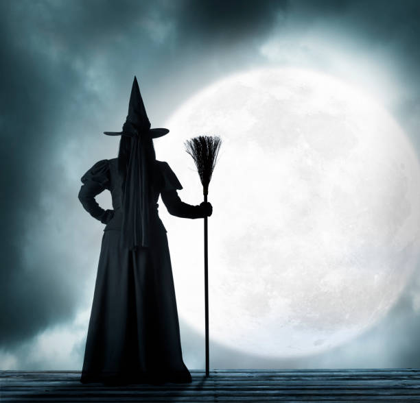 istock Halloween Witch Holds Her Broom Standing In Front Of Full Moon 1018846006