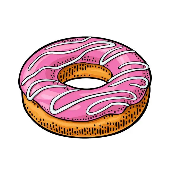 Vector illustration of Donut with pink icing and white stripes. Vector color engraving