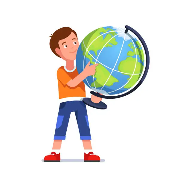 Vector illustration of Standing boy looking & pointing index finger at geographical location on terrestrial globe. Smiling school student learning geography. Flat isolated vector