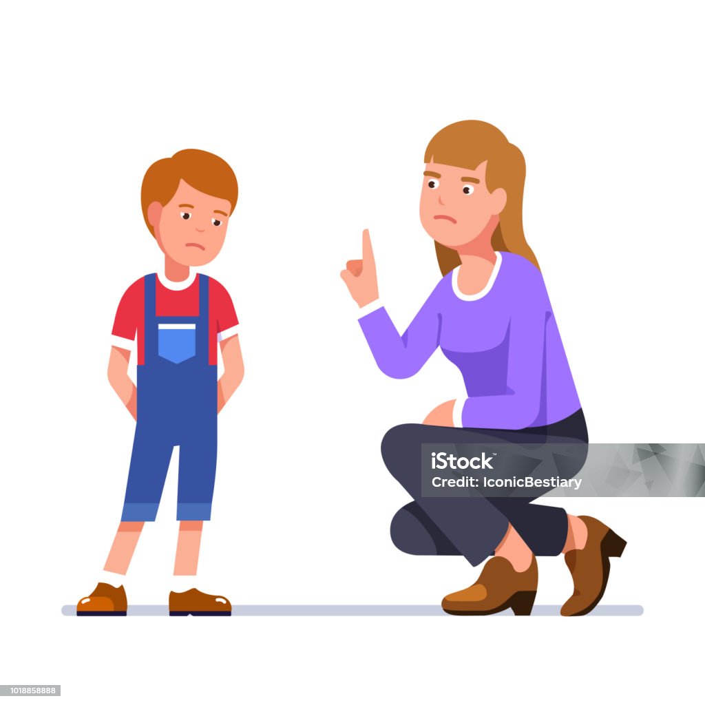 Sitting upset mother scold standing unhappy son for misbehaving. Teacher berate schoolboy. Flat isolated vector Angry mother wags finger at guilty son. Sitting upset woman scold standing boy for misbehaving. Teacher berate unhappy schoolboy. Upset mom reprimand sad kid. Flat vector character illustration Child stock vector