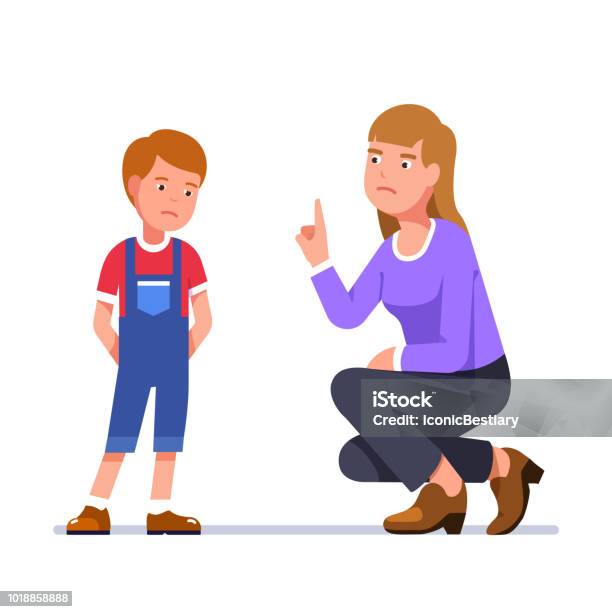Sitting Upset Mother Scold Standing Unhappy Son For Misbehaving Teacher Berate Schoolboy Flat Isolated Vector Stock Illustration - Download Image Now