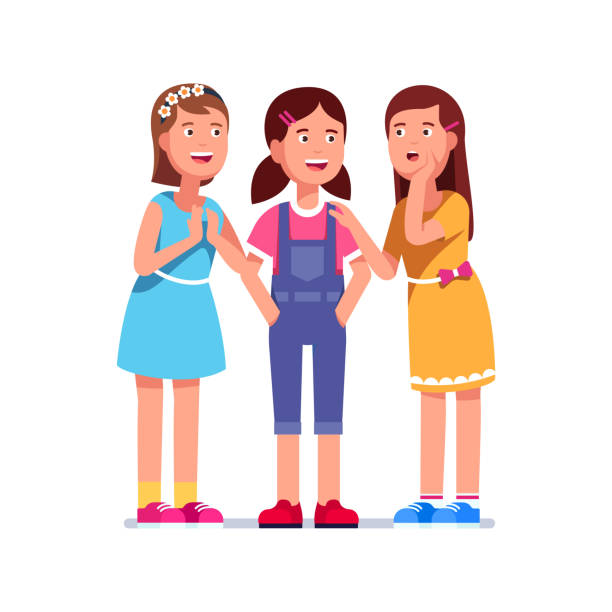ilustrações de stock, clip art, desenhos animados e ícones de excited girl whispers secret or gossip to two listening smiling girlfriends. group of kids share intimate secrecy. flat isolated vector - three people women teenage girls friendship