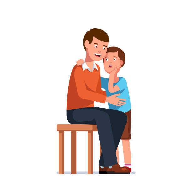 Smiling father listens to son telling secrets. Standing kid speaking in sitting adult man ear. Gossip whisper and family trust concept. Flat isolated vector Trusting son telling secrets in father ear standing next to him. Smiling exited father listens to gossip whisper. Standing kid speaking in sitting adult man ear. Flat vector character illustration confidential illustrations stock illustrations