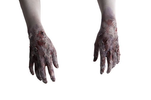 terrible zombie hands, dirty hands of the mummy, zombie theme, halloween theme, white background, isolated, black hand of death with black fingernails, monstrous art