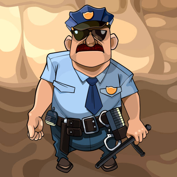 ilustraciones, imágenes clip art, dibujos animados e iconos de stock de hombre bigotudo de la historieta en un policía de uniforme y con gafas de sol con la porra - valiant