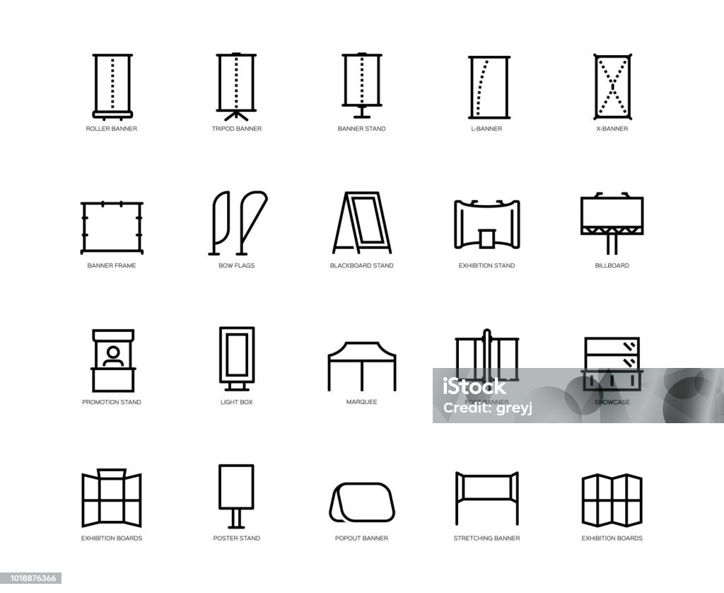 Types of advertising banners vector icon set in outline style Icon Symbol stock vector
