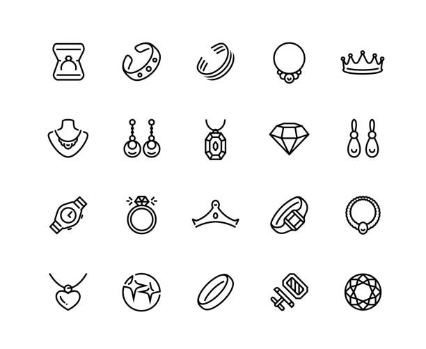 illustrations, cliparts, dessins animés et icônes de jeu d’icônes de vecteur de bijoux dans le style de contour - accessoire