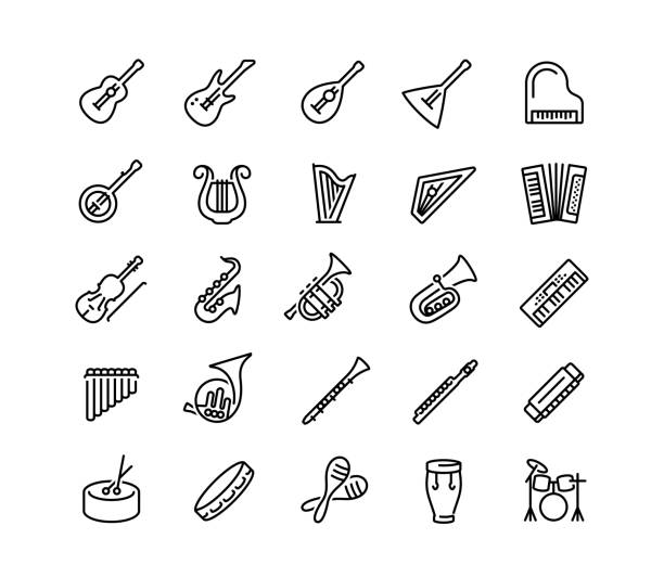 Musical instruments vector icon set in outline style Musical instruments vector icon set in outline style psaltery stock illustrations