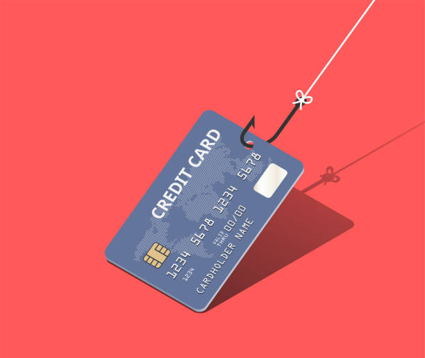 Credit card on fishing hook over scarlet background. Scam and phishing concept. Vector isometric illustration Credit card on fishing hook over scarlet background. Scam and phishing concept. Vector isometric illustration stealing stock illustrations
