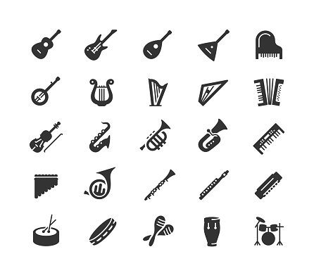 Musical instruments vector icon set in glyph style