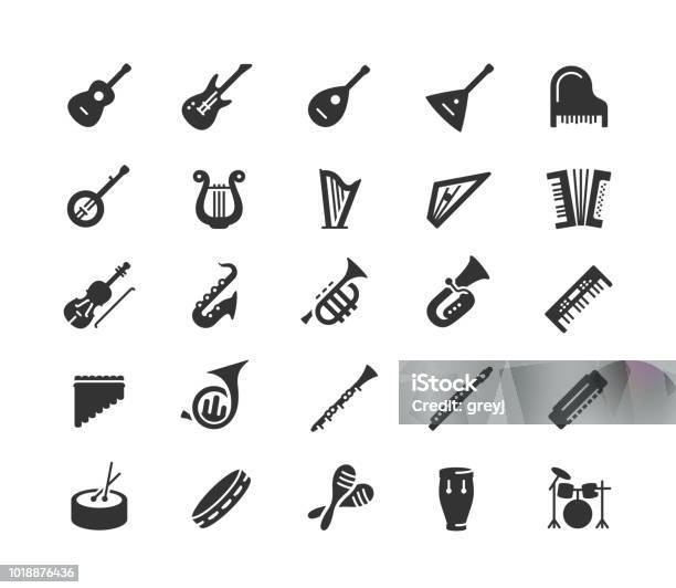Musical Instruments Vector Icon Set In Glyph Style Stock Illustration - Download Image Now - Icon Symbol, Musical Instrument, Guitar