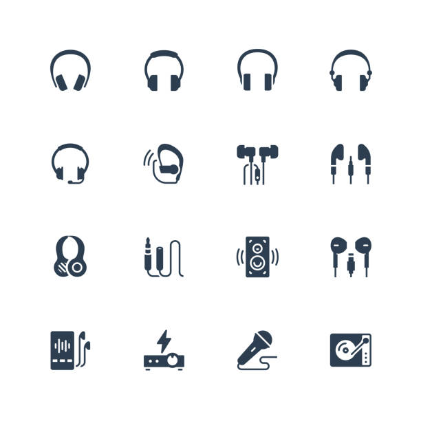 illustrazioni stock, clip art, cartoni animati e icone di tendenza di icona cuffie e apparecchiature audio impostata in stile glifo - cuffie
