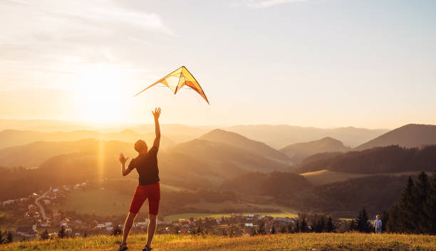 istock Father and son start to fly a kite together 1018884250