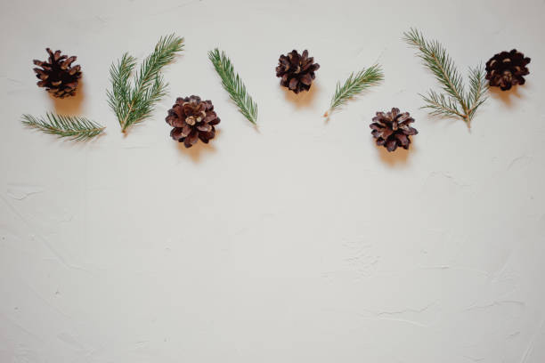 istock Christmas background with fir tree and decor, branches and cones. Top view with copy space, white plastered background 1018888794
