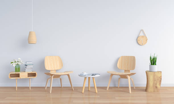 istock wood chair in white room for mockup, 3D rendering 1018888796