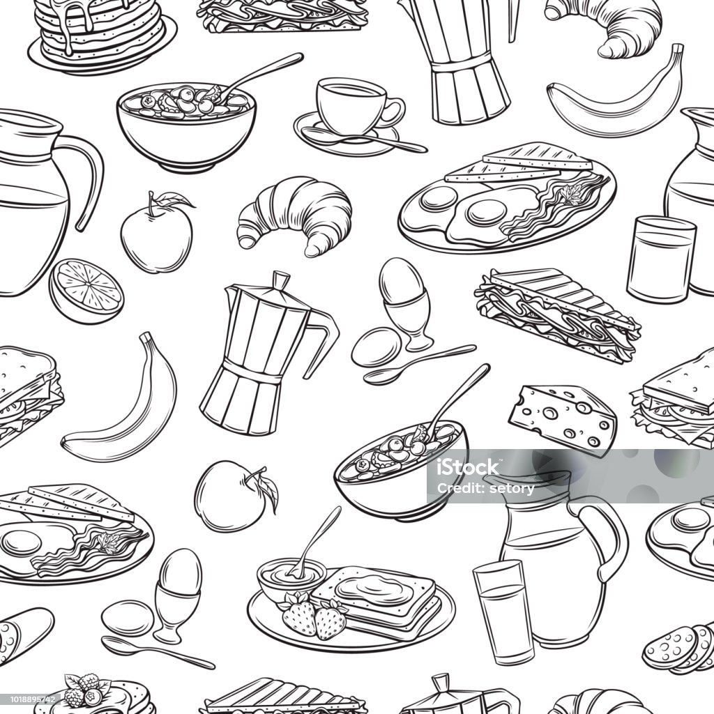seamless pattern hand drawn breakfast Vector seamless pattern hand drawn breakfast icons. Retro background with pancakes, toast with jam, croissant, cheese and etc. Breakfast stock vector