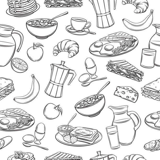 seamless pattern hand drawn breakfast Vector seamless pattern hand drawn breakfast icons. Retro background with pancakes, toast with jam, croissant, cheese and etc. breakfast stock illustrations