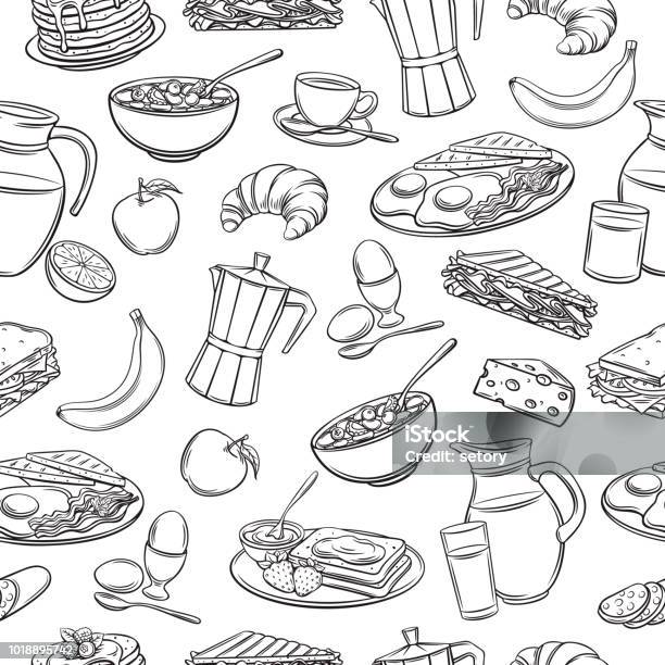 Seamless Pattern Hand Drawn Breakfast Stock Illustration - Download Image Now - Breakfast, Pattern, Backgrounds