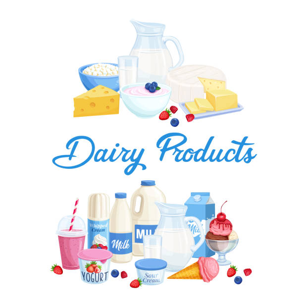 banners dairy products Vector banners dairy products. Illustration of cottage cheese, milk, butter, cheese and sour cream. Yogurt, ice cream, smoothies, whipped cream for design market farm product. cottage cheese stock illustrations