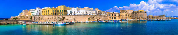 Panorama of beautiful coastal town Gallipoli in Puglia, Italy landmarks of Italy - medieval town Gallipoli in south of Italy salento puglia stock pictures, royalty-free photos & images