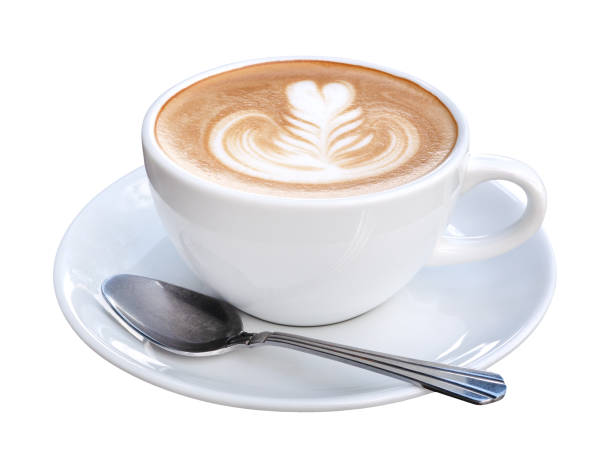 istock Hot coffee cappuccino latte art with spoon isolated on white background, clipping path included 1018908028