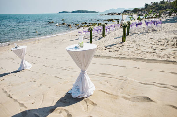 istock Snack, Glasses table decorating with white cloth on the beach, beach wedding venue background 1018908858