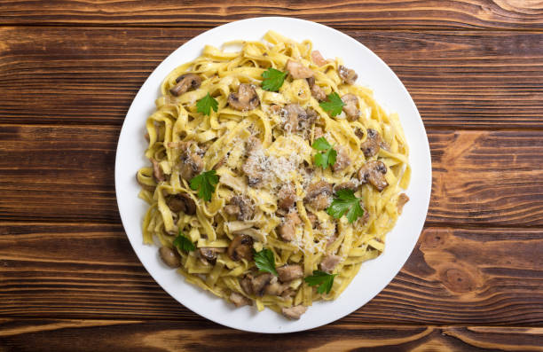 istock Pasta tagliatelle with chicken meat and mushroom 1018909184