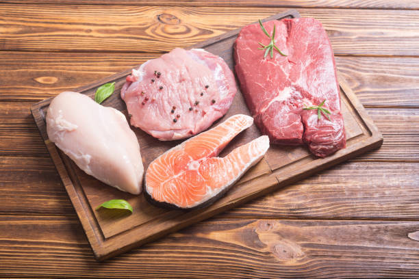 istock salmon , beef , pork and chicken 1018909240