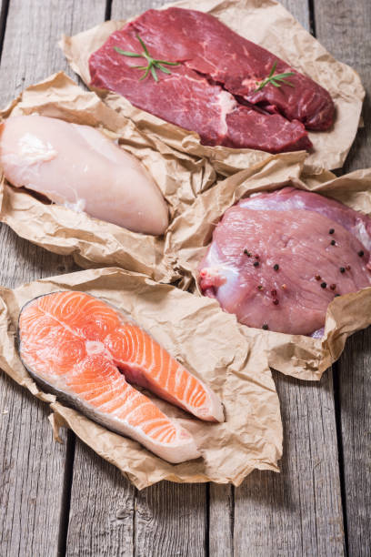 istock salmon , beef , pork and chicken 1018909252