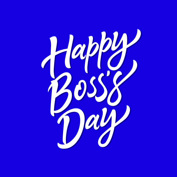 Happy Boss's Day - vector hand drawn brush pen lettering Happy Boss's Day - vector hand drawn brush pen lettering. White text on blue background. High quality calligraphy for invitation, print, poster. Celebration card for your employer, head, chief boss-day stock illustrations