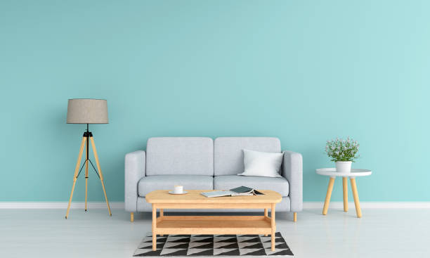 sofa und lampe im wohnzimmer, 3d rendering - living room blue sofa carpet stock-fotos und bilder