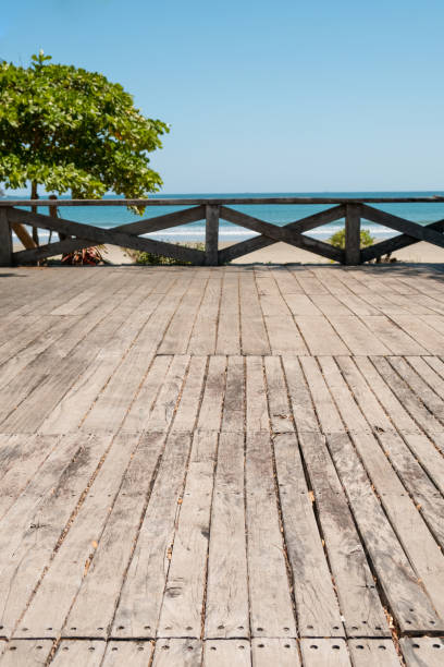 istock wooden terrace with beach, ocean  and blue sky background - 1018921434