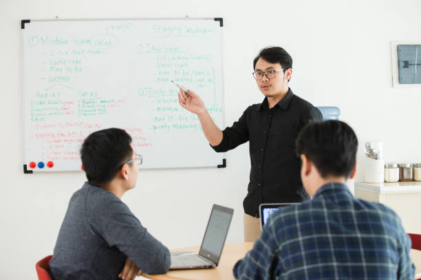 istock Man presenting to colleagues at a meeting using whiteboard 1018922536