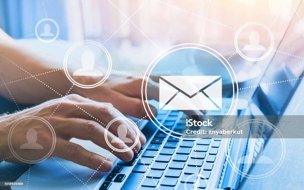 email marketing concept email marketing concept on blue background E-Mail Stock Photo