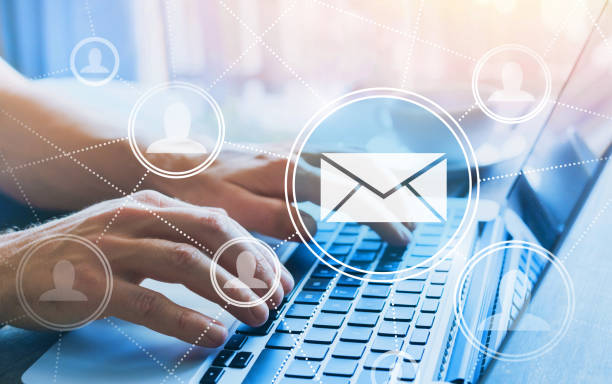 email marketing concept email marketing concept on blue background e mail stock pictures, royalty-free photos & images