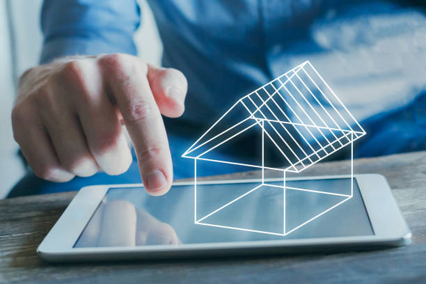 real estate digital project, 3d concept model of house real estate digital project, 3d concept model of virtual house on the screen of tablet computer houses in antarctica stock pictures, royalty-free photos & images